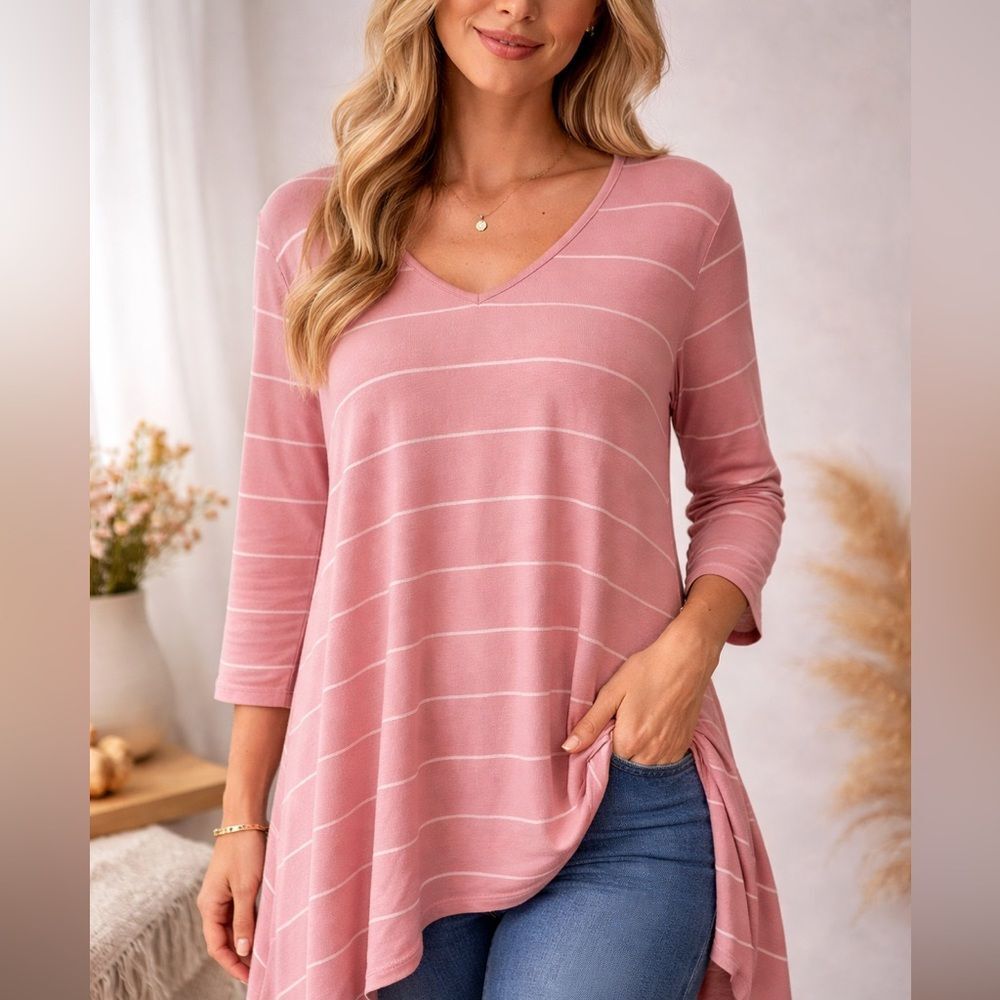 JUST Be Women’s Striped Tunic Top Pink White Size 1X